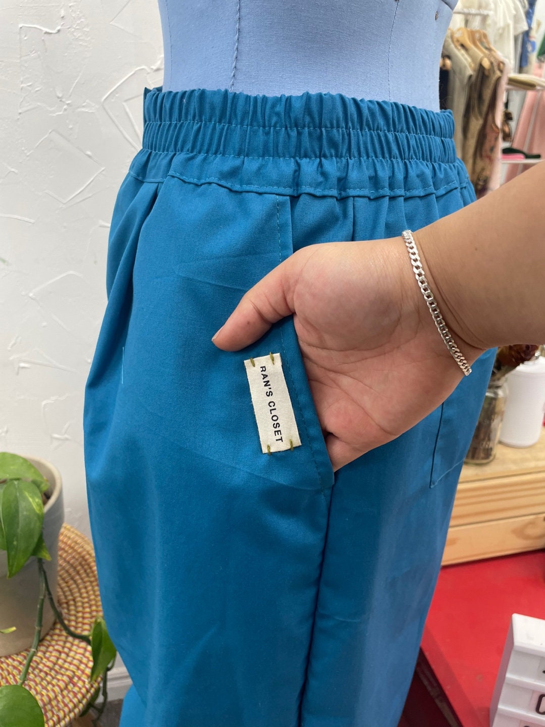 Upcycled Blue Fabric Handmade Parachute Pants with Pockets and Ankle Cinch | Streetwear | Reworked Vintage | Rans Closet Canada | SKU: RW-10