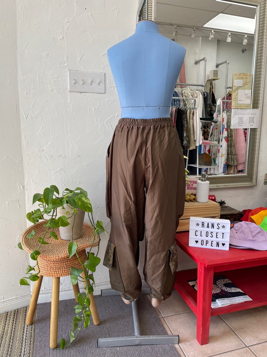 Upcycled Brown with Forest Camo and Pocket Detailing Parachute Pants | Reworked Vintage | Handmade Pants | Rans Closet Canada | SKU: RW-11