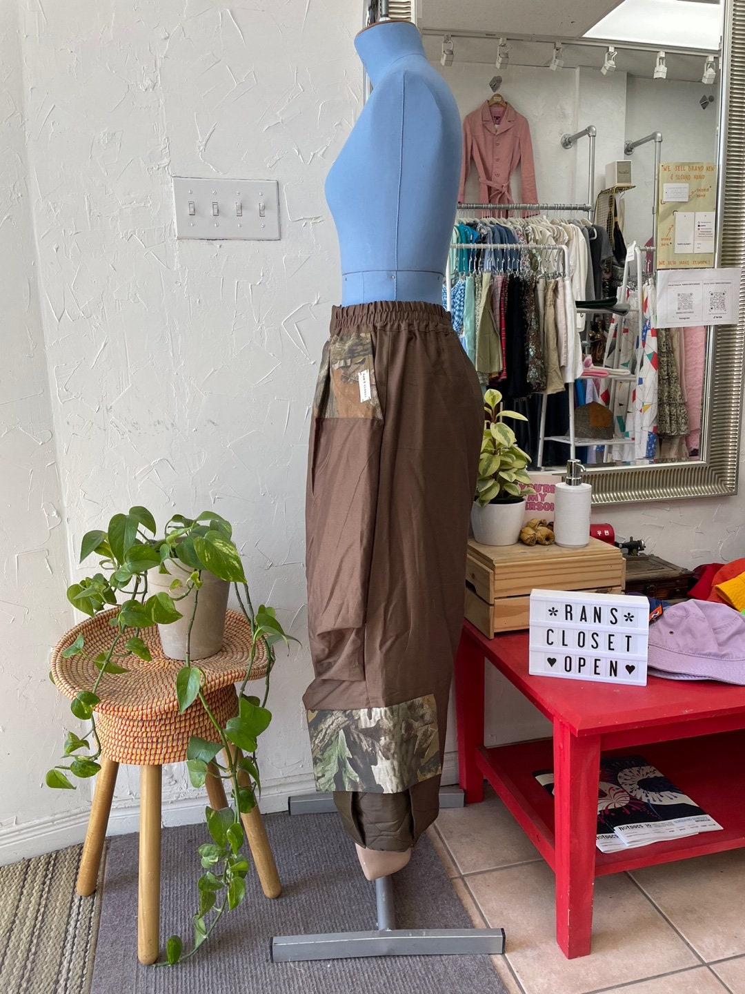 Upcycled Brown with Forest Camo and Pocket Detailing Parachute Pants | Reworked Vintage | Handmade Pants | Rans Closet Canada | SKU: RW-11