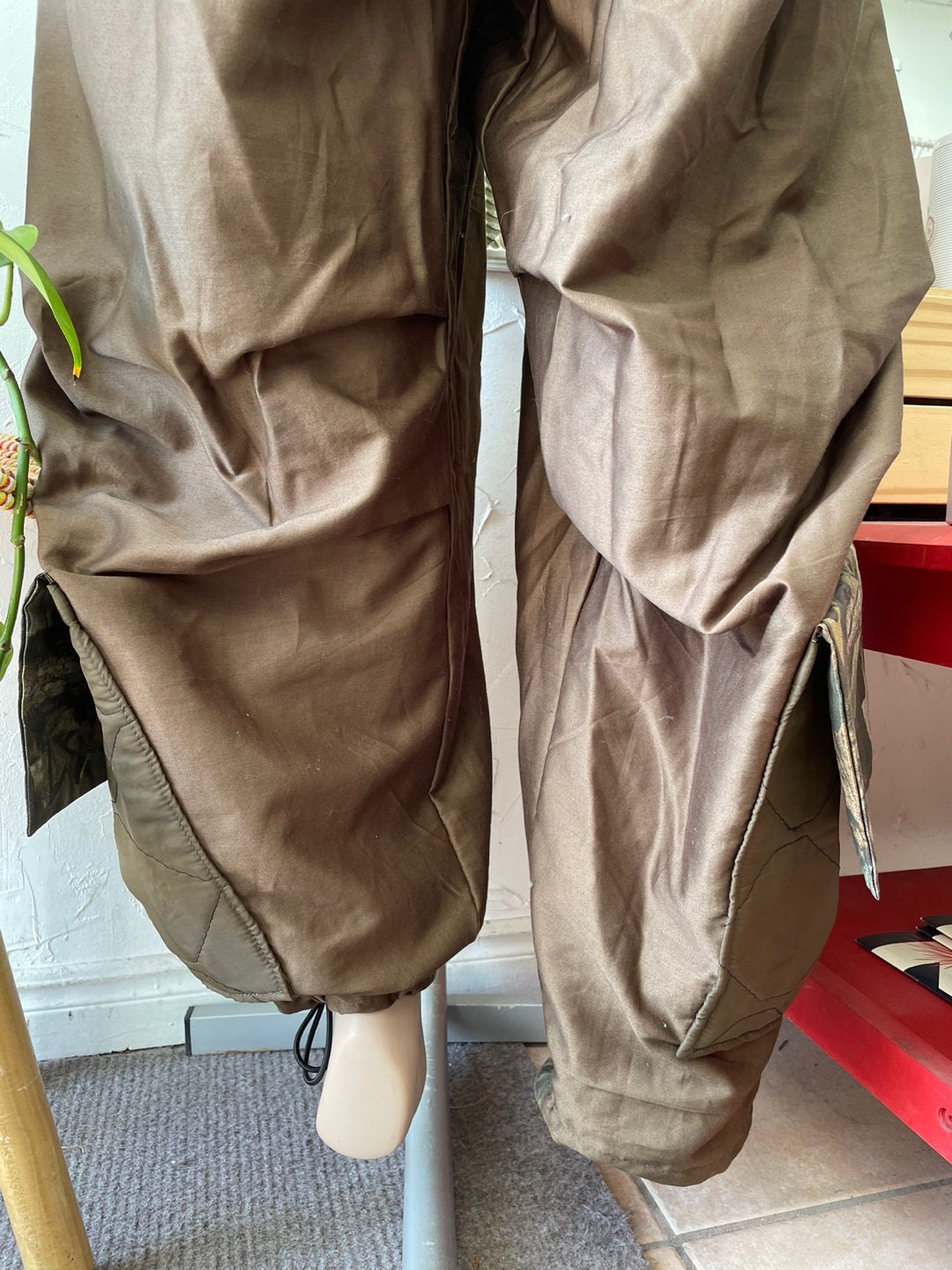 Upcycled Brown with Forest Camo and Pocket Detailing Parachute Pants | Reworked Vintage | Handmade Pants | Rans Closet Canada | SKU: RW-11
