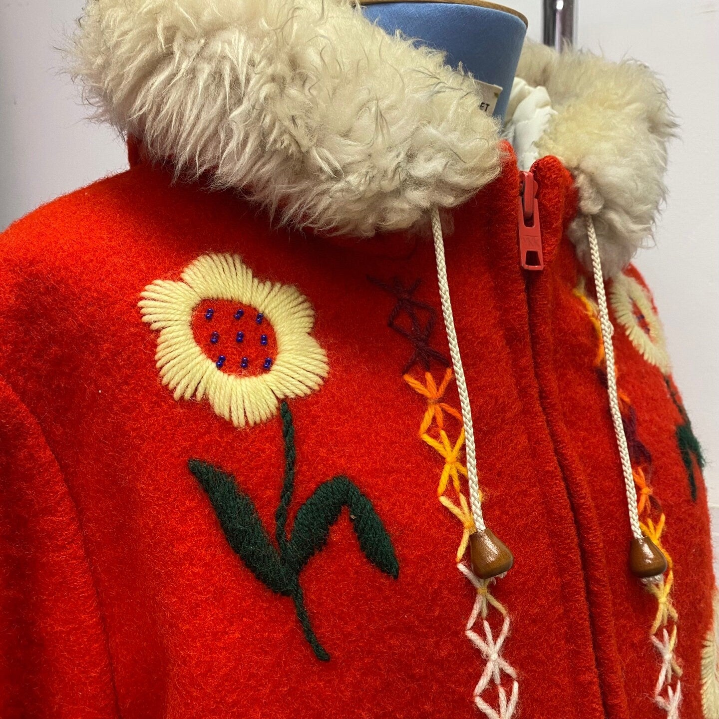 Vintage Ruby Red Hudson's Bay Wool Parka with Fur Lined Hood | Vintage Winter Parka | Flower Pattern | Quilted Lining | 100% Wool | M-3068