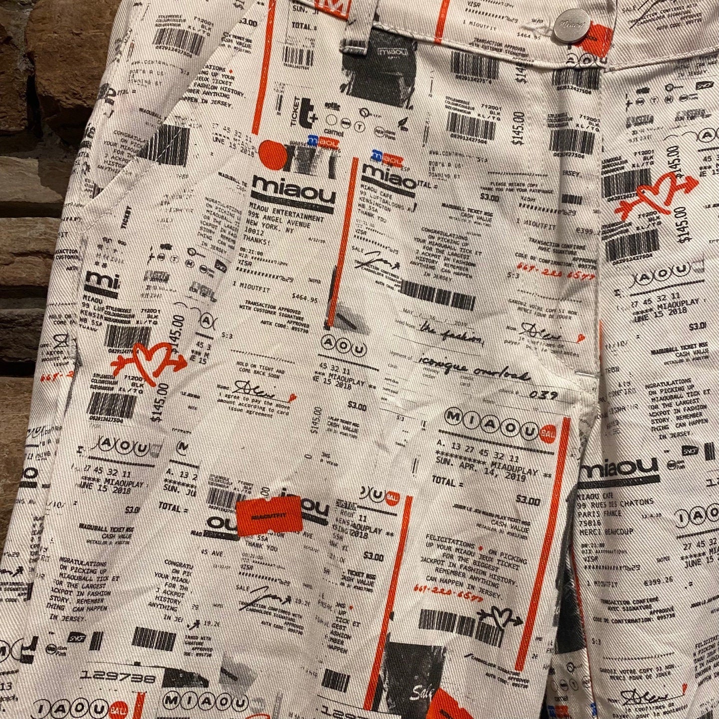 Miaou Mid Rise Wide Leg All Over Newspaper Print Pants | Capri Pants | Cropped | White Black and Red | Pants | Size 29 | SKU: STQ-3341