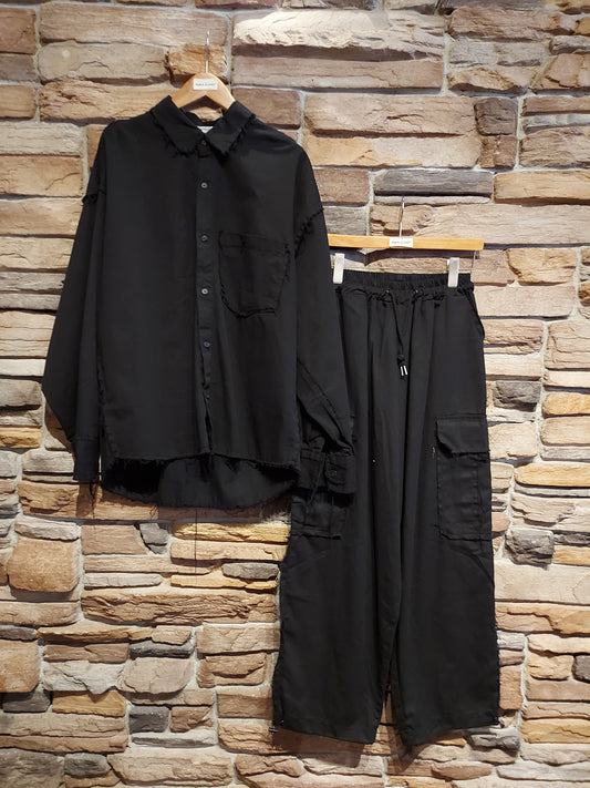 Raw edge men's shirt jacket and pants set