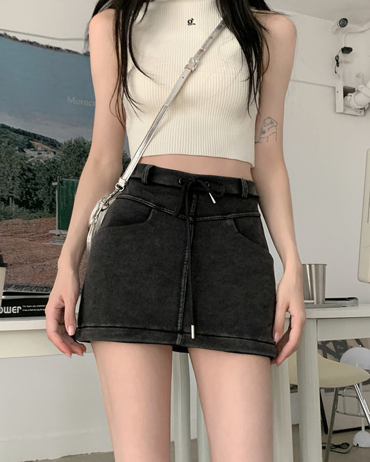 Two way black denim long/mini skirt