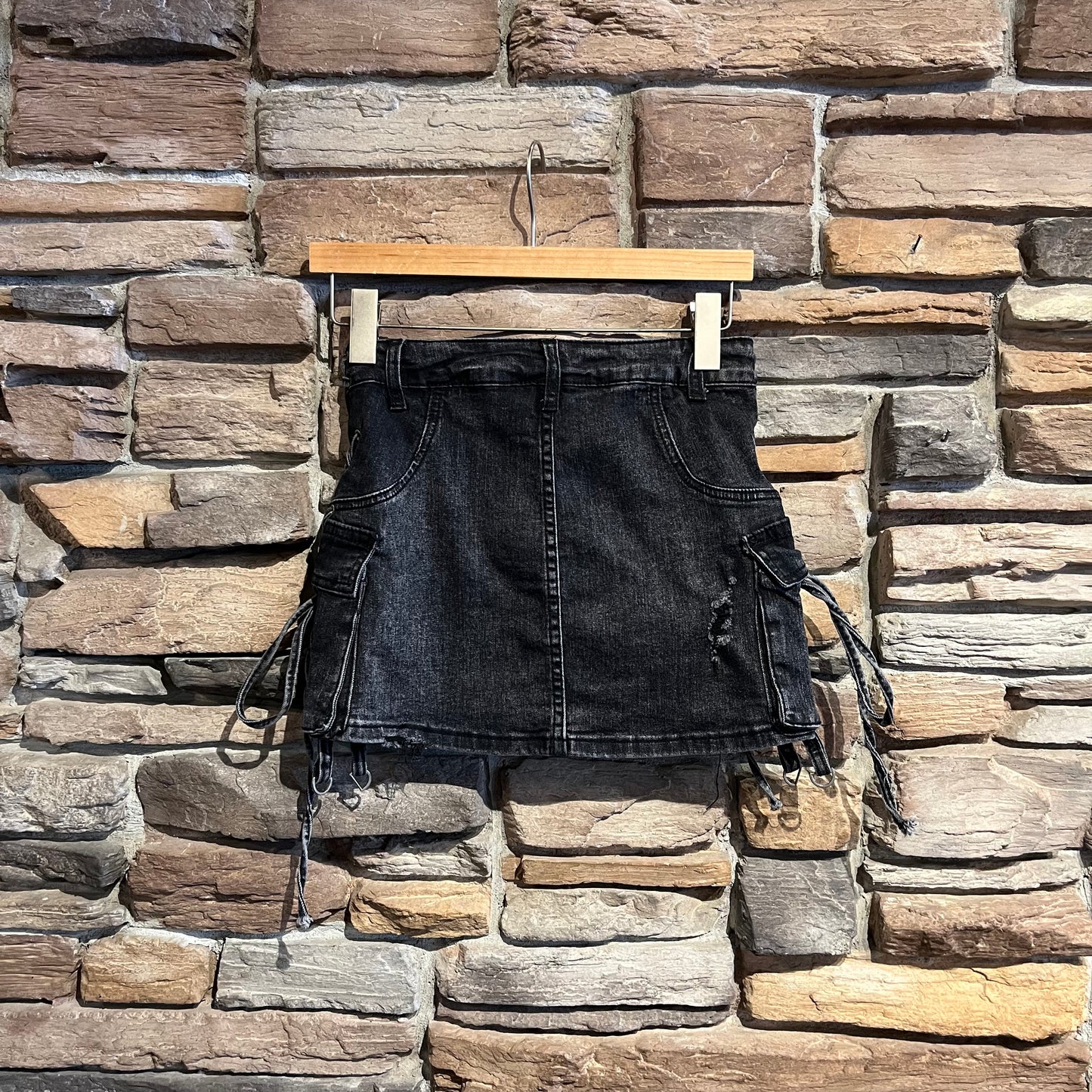 Black Distressed Mini Skirt with Lace Up Detail