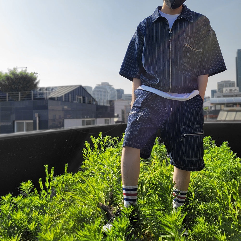 Men's Oversized Striped Denim Summer Set