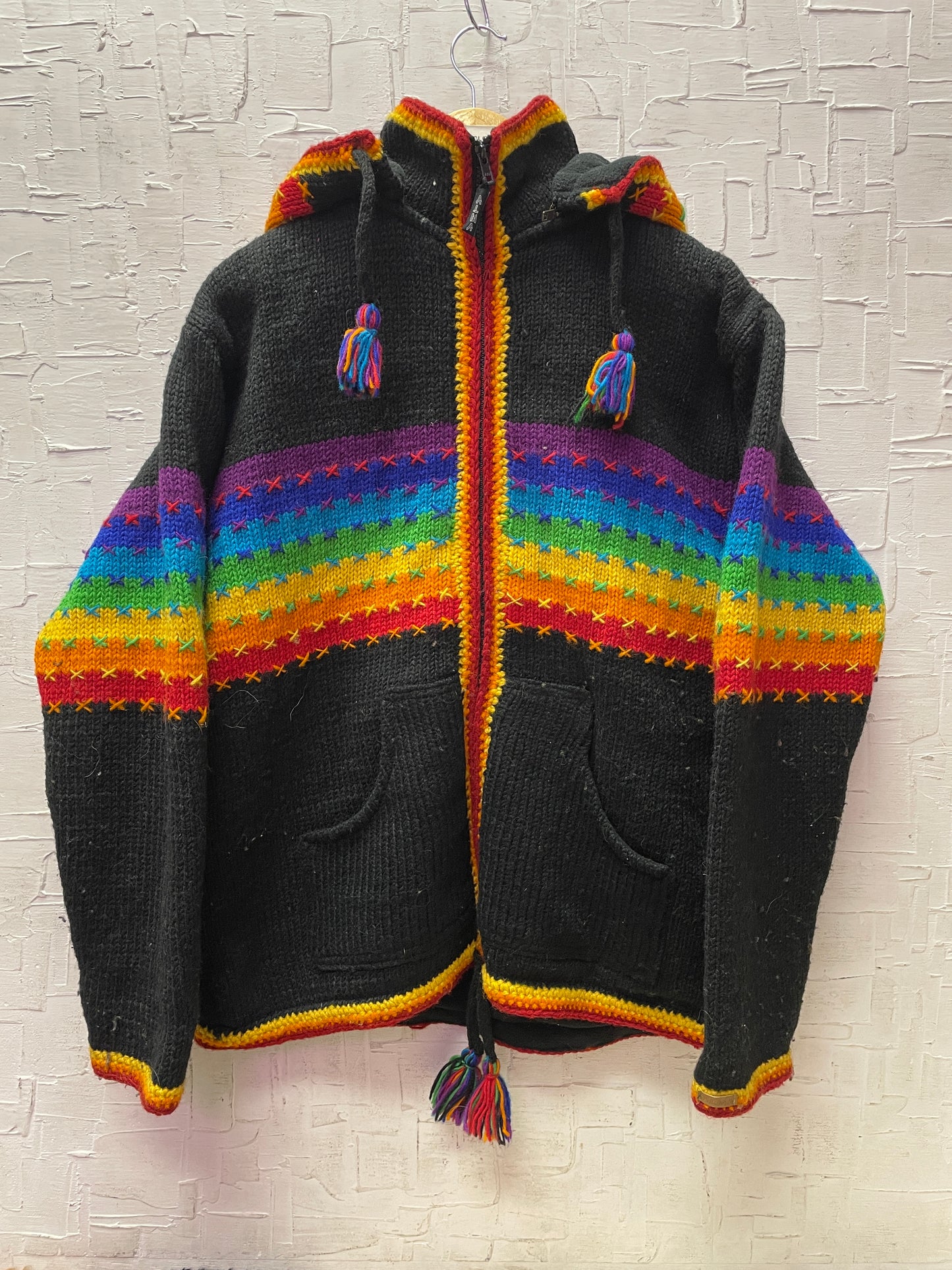 Vintage Rainbow Wool Knit Zip Up Hooded Coat