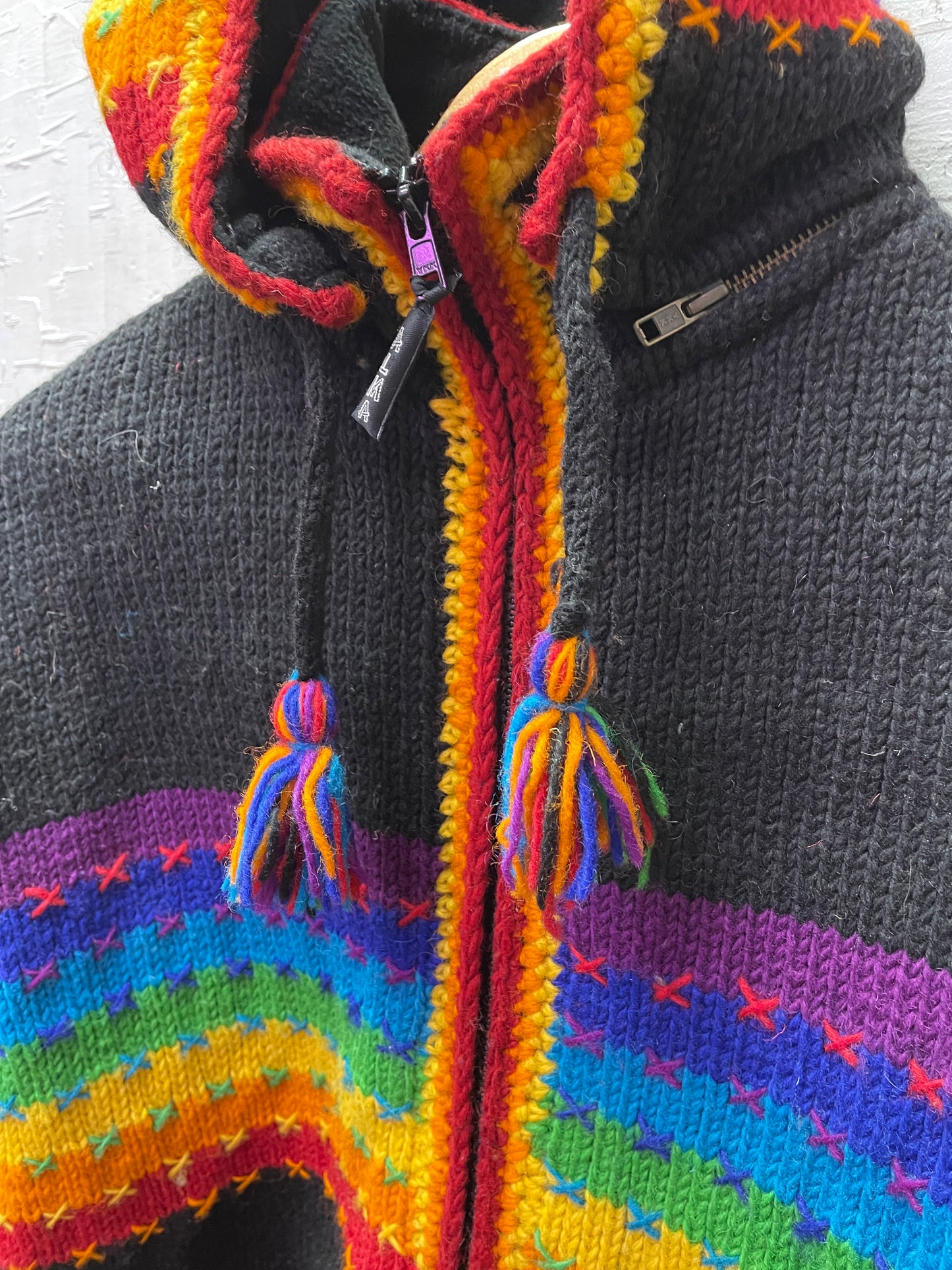 Vintage Rainbow Wool Knit Zip Up Hooded Coat