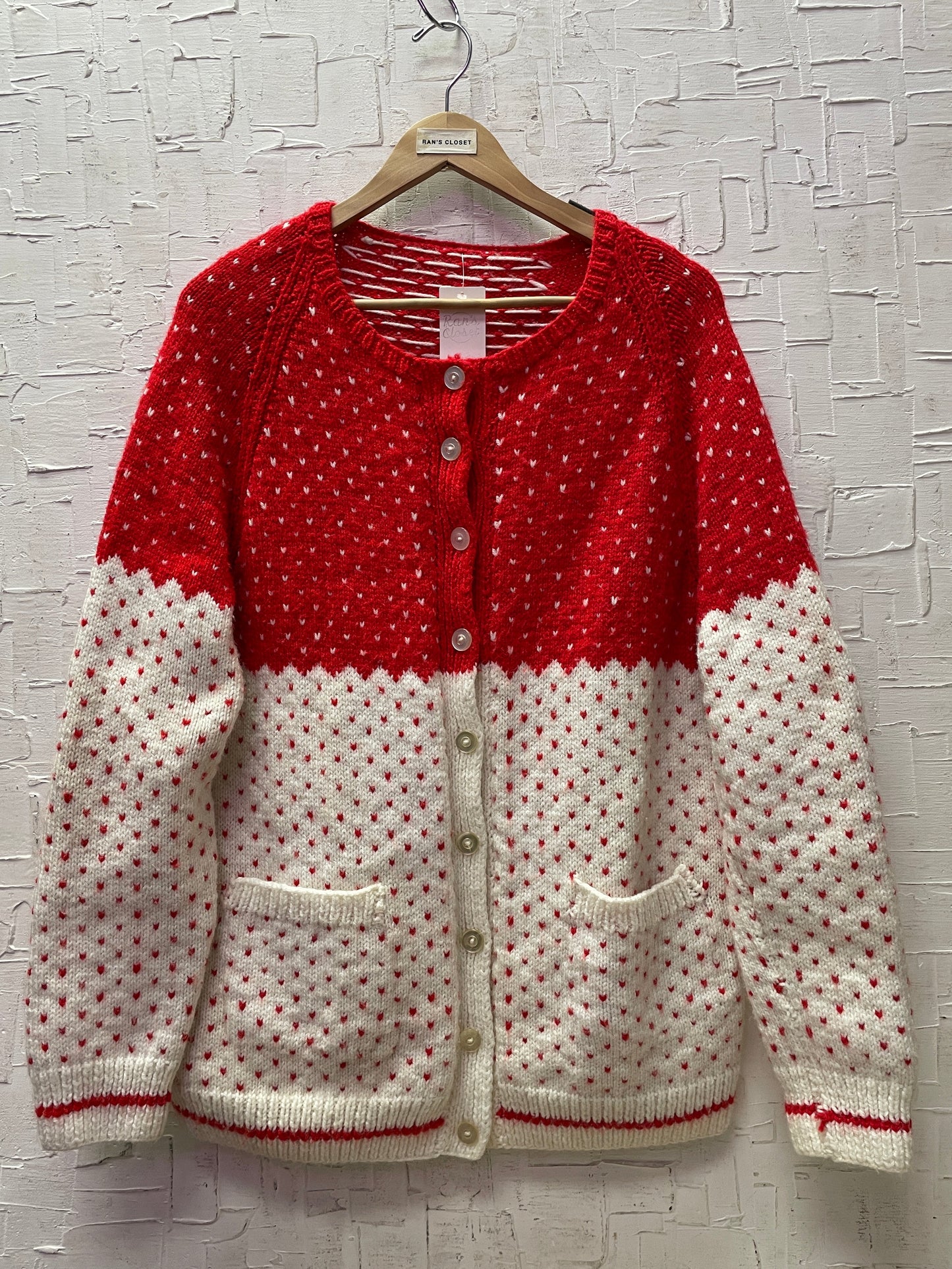 Vintage Red and White Heart Patterned Knit Cardigan