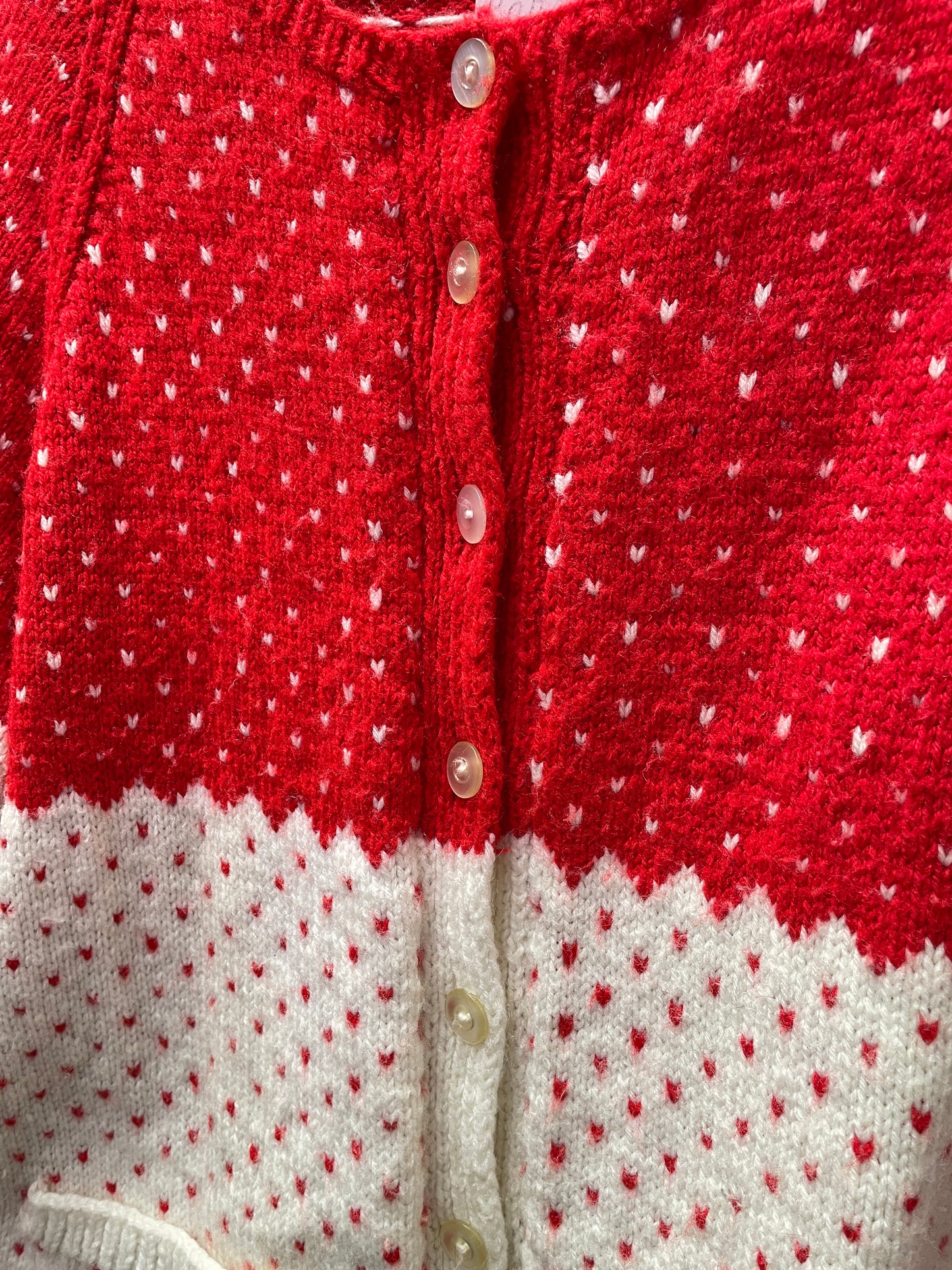Vintage Red and White Heart Patterned Knit Cardigan