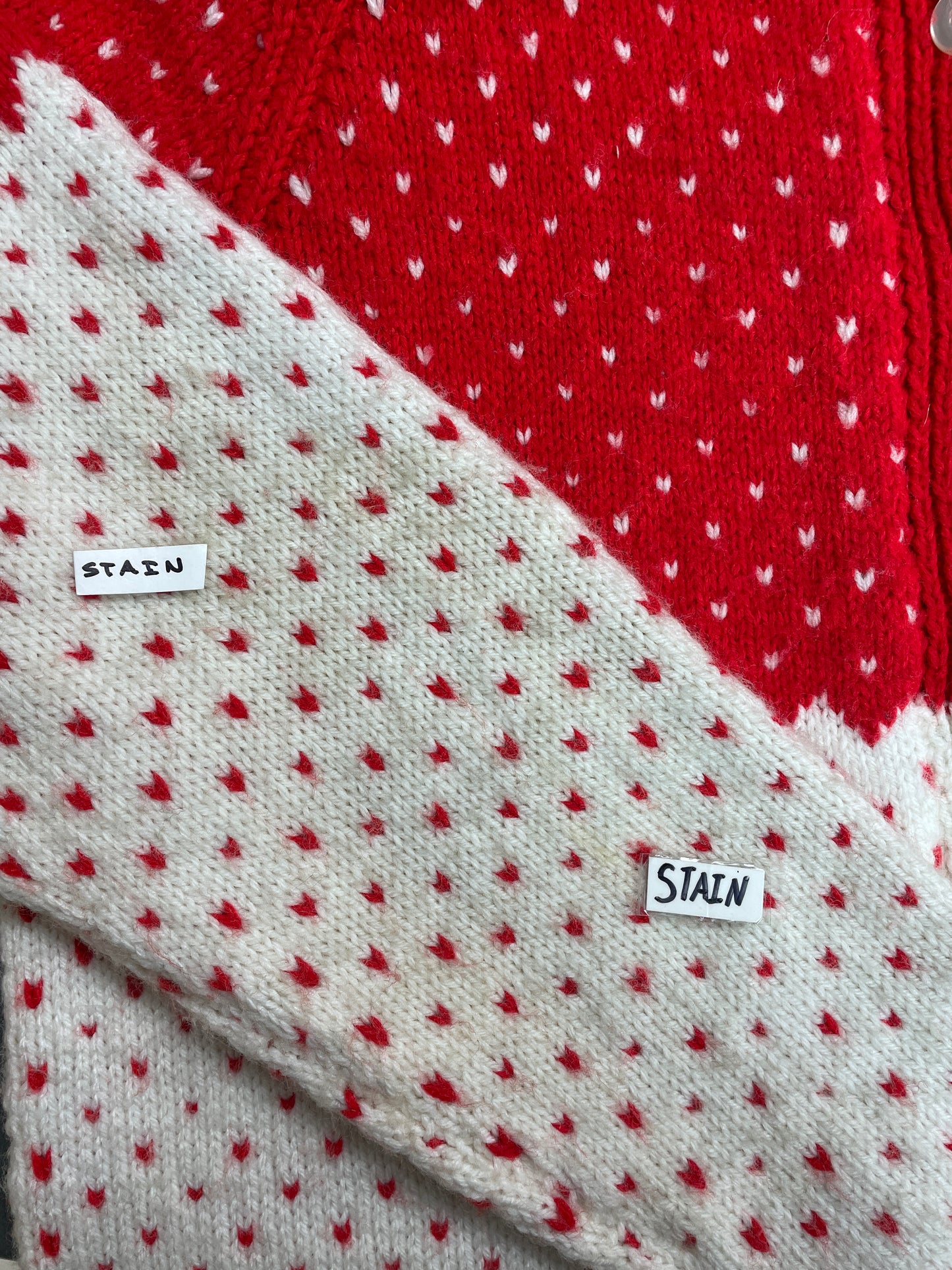 Vintage Red and White Heart Patterned Knit Cardigan