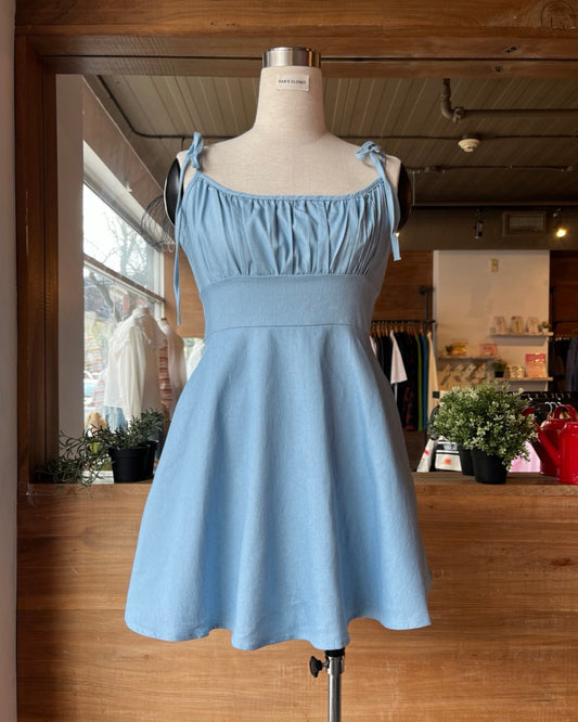 Mini Denim Dress with Tied Straps