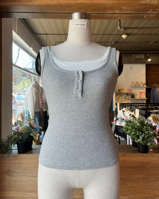 Lace Detailed Ribbed Henley Tank Top