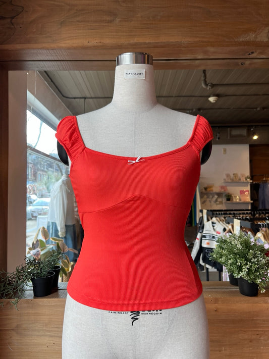 Ribbed Orange Puff Sleeved Cropped T-Shirt