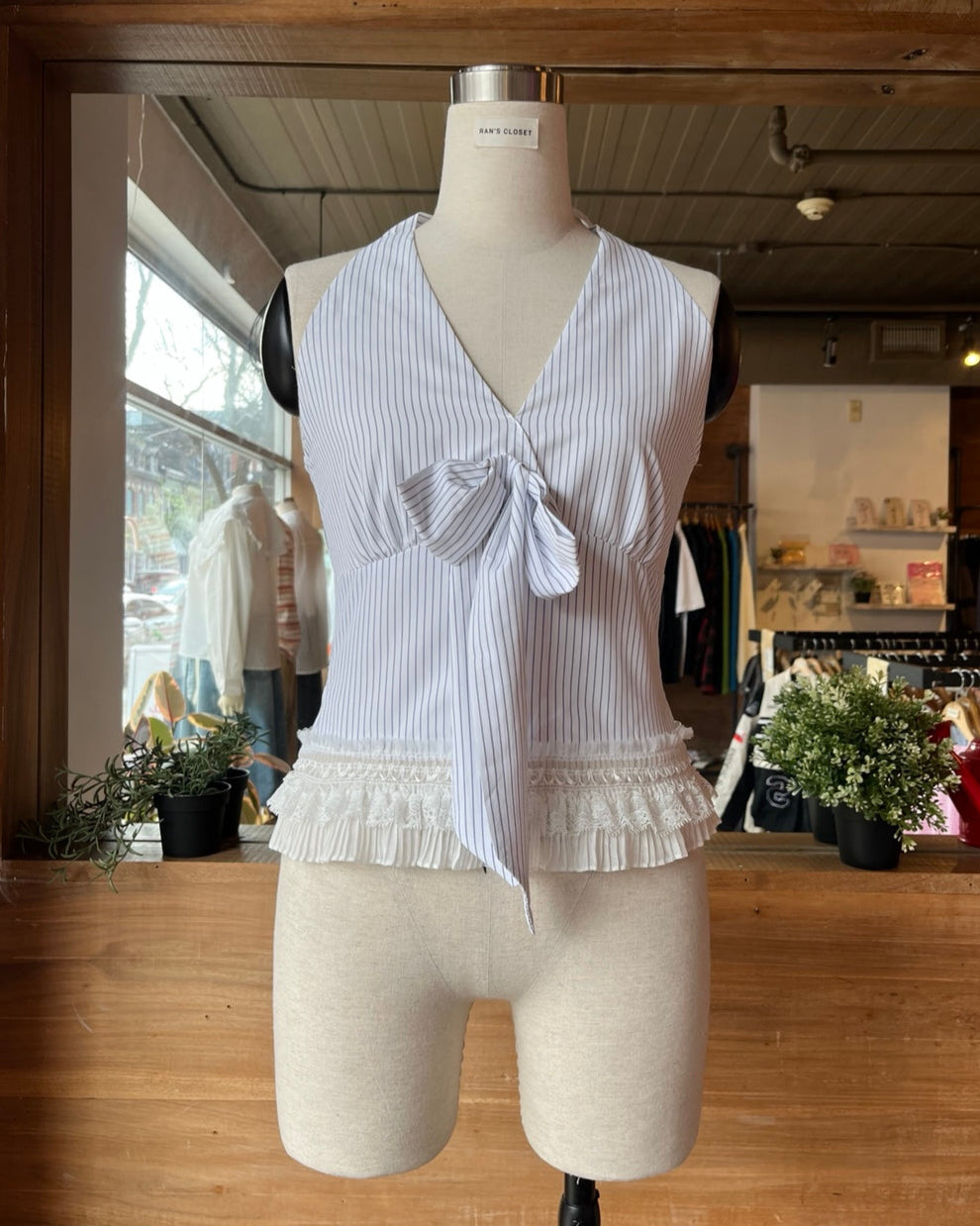 Pinstripe Halter Top with Lace Trim