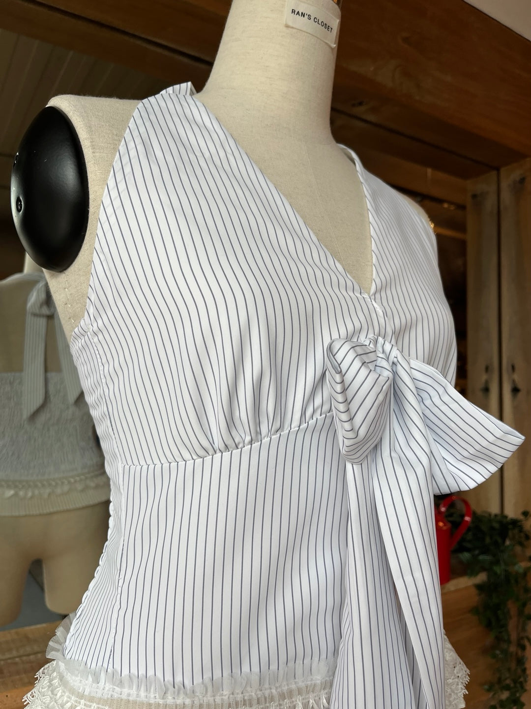 Pinstripe Halter Top with Lace Trim