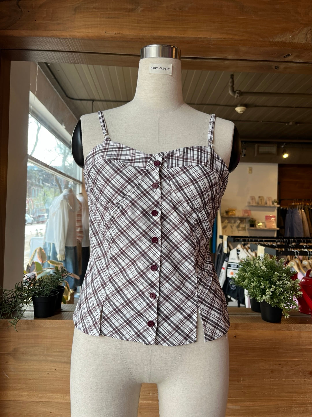 Brown Plaid Buttoned Tank Top