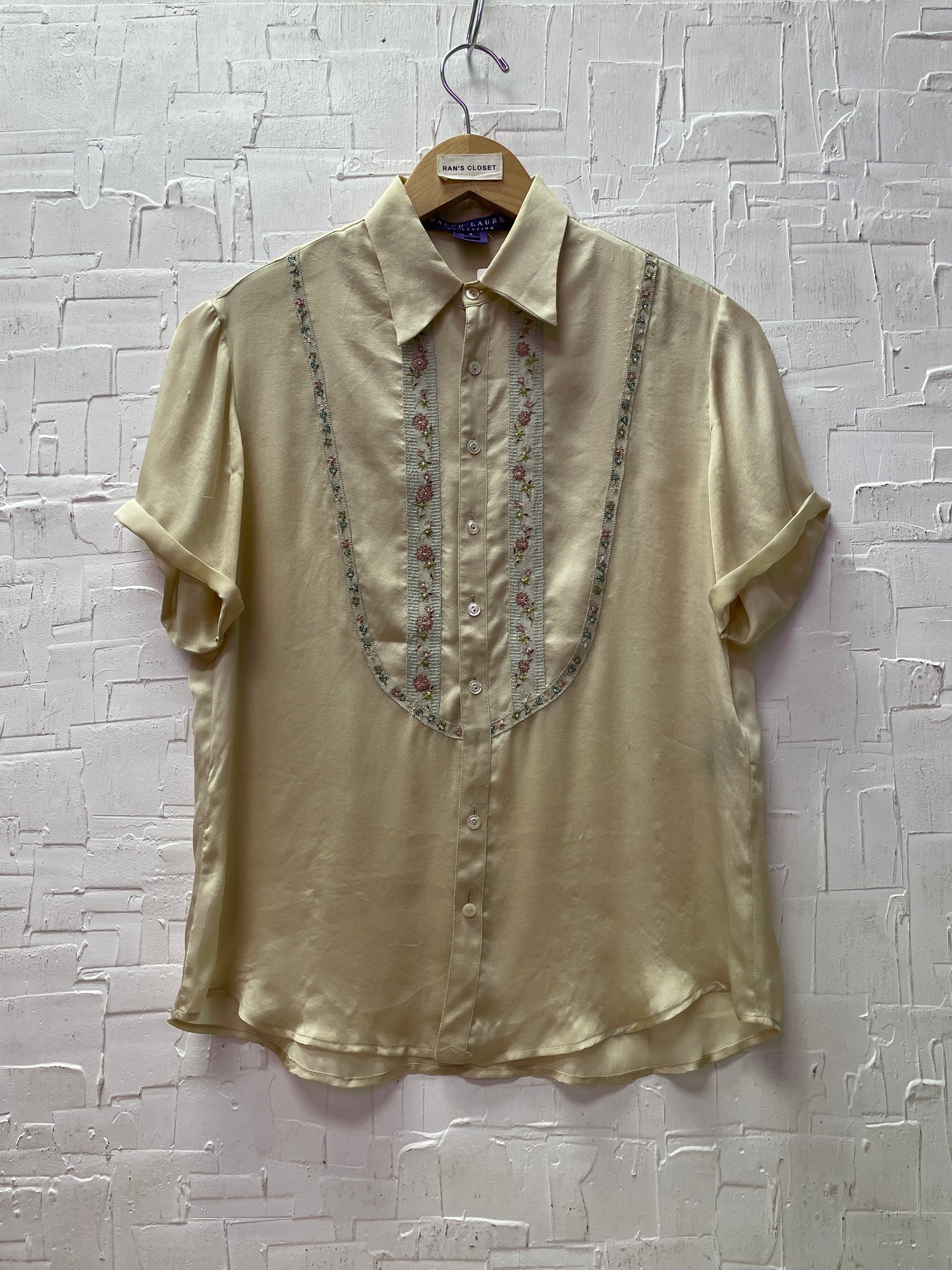 Vintage 2003 Ralph Lauren Collection Purple Label Silk Blouse with Beaded Floral Details