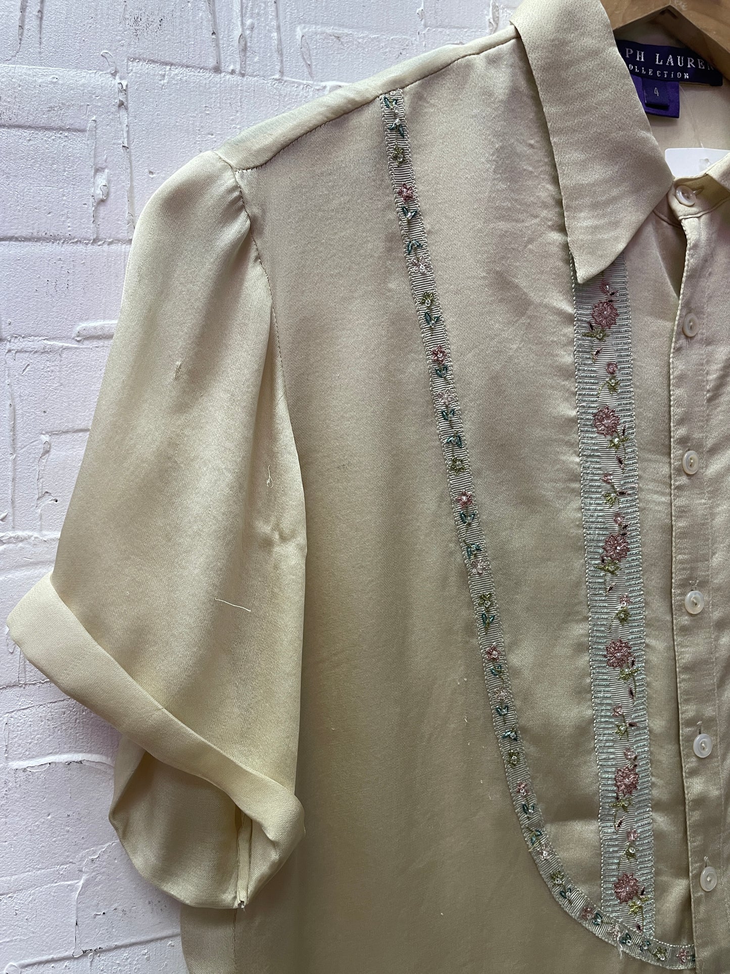 Vintage 2003 Ralph Lauren Collection Purple Label Silk Blouse with Beaded Floral Details