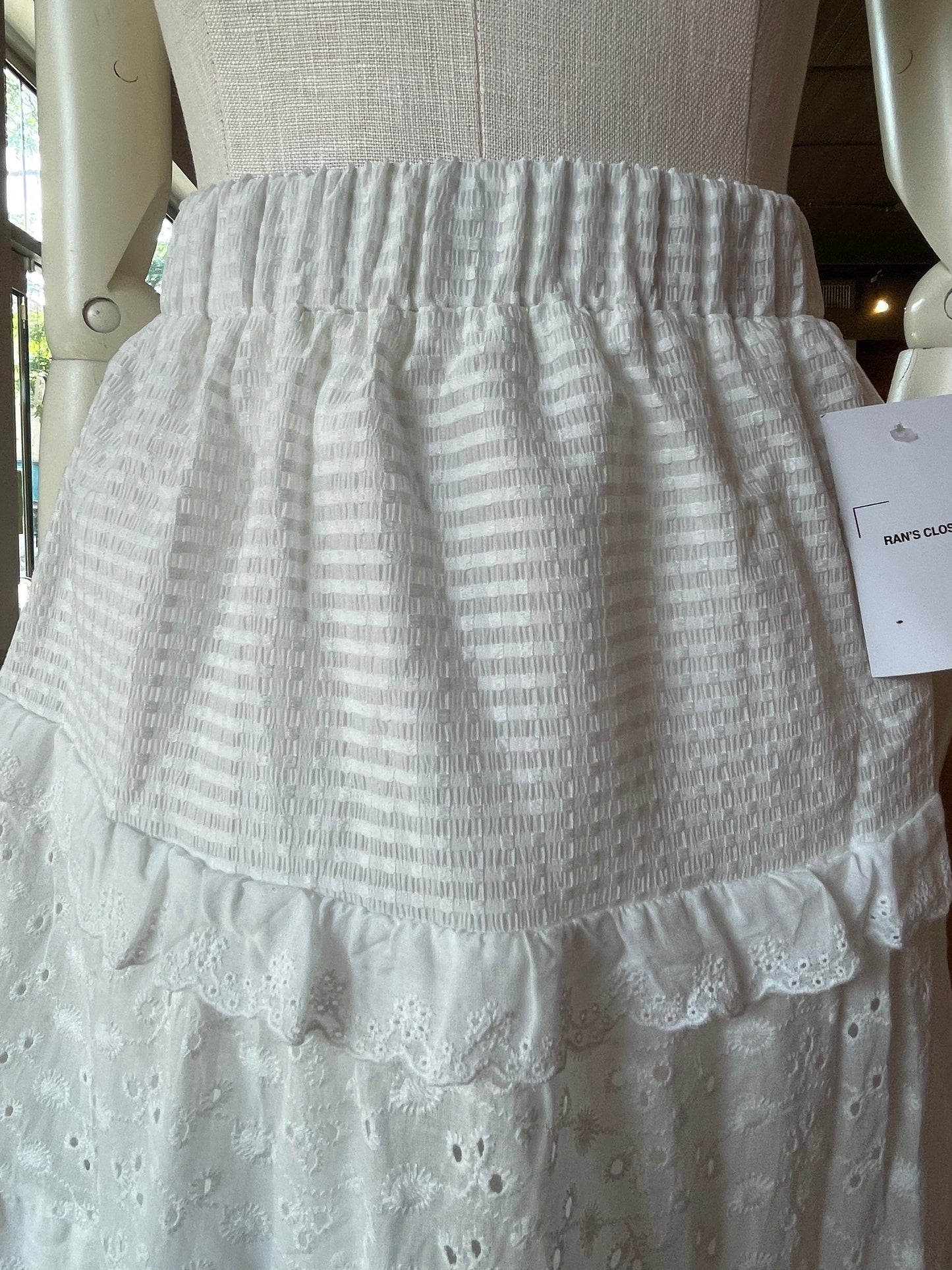 Tierred Eyelet Crosshatch Maxi Skirt