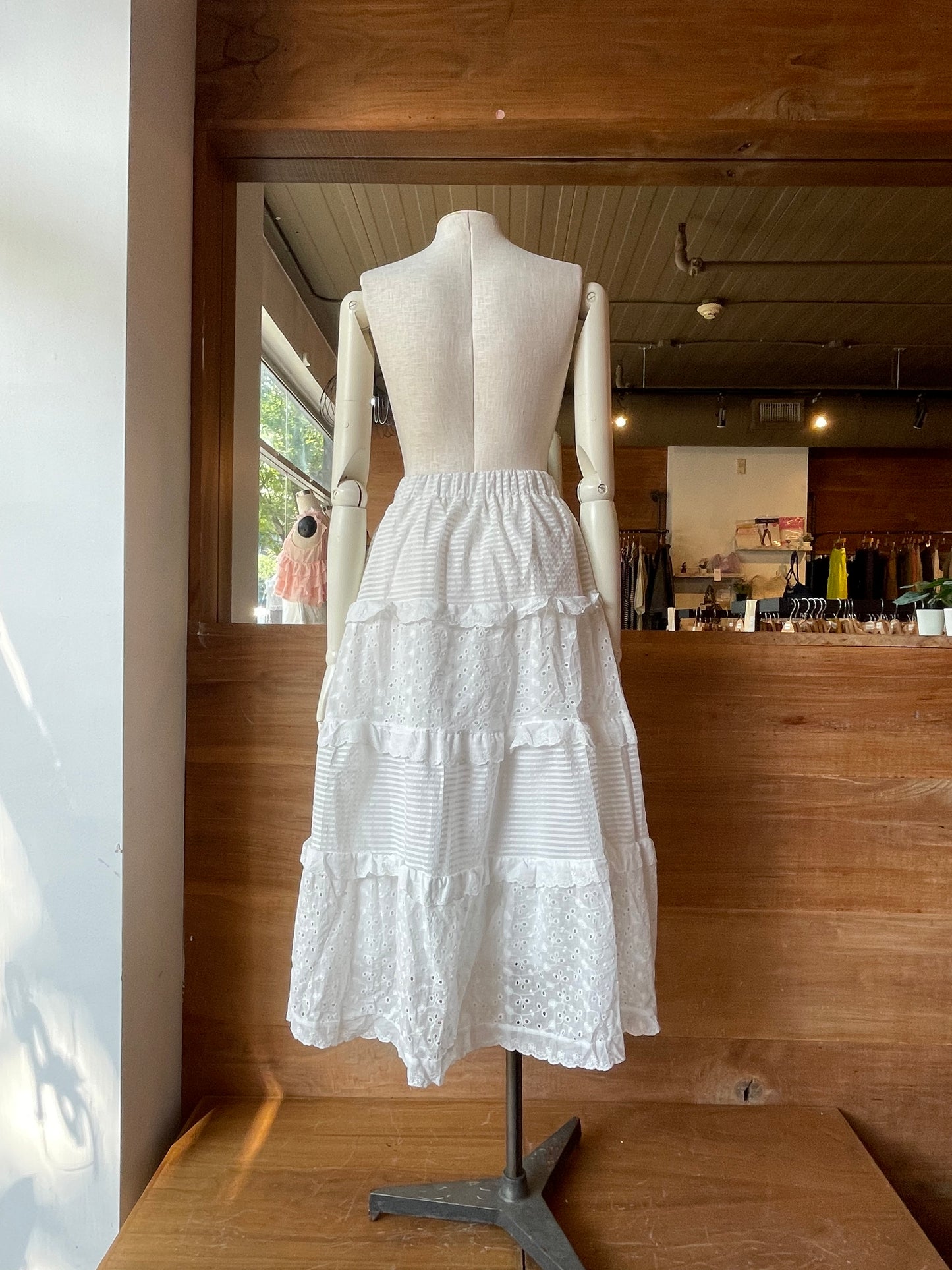 Tierred Eyelet Crosshatch Maxi Skirt