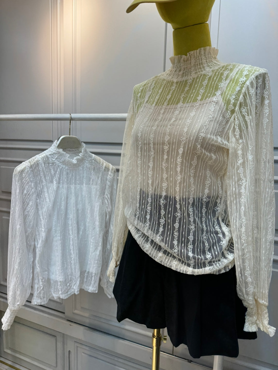 See through ruffle frill neck and sleeve heart lace blouse