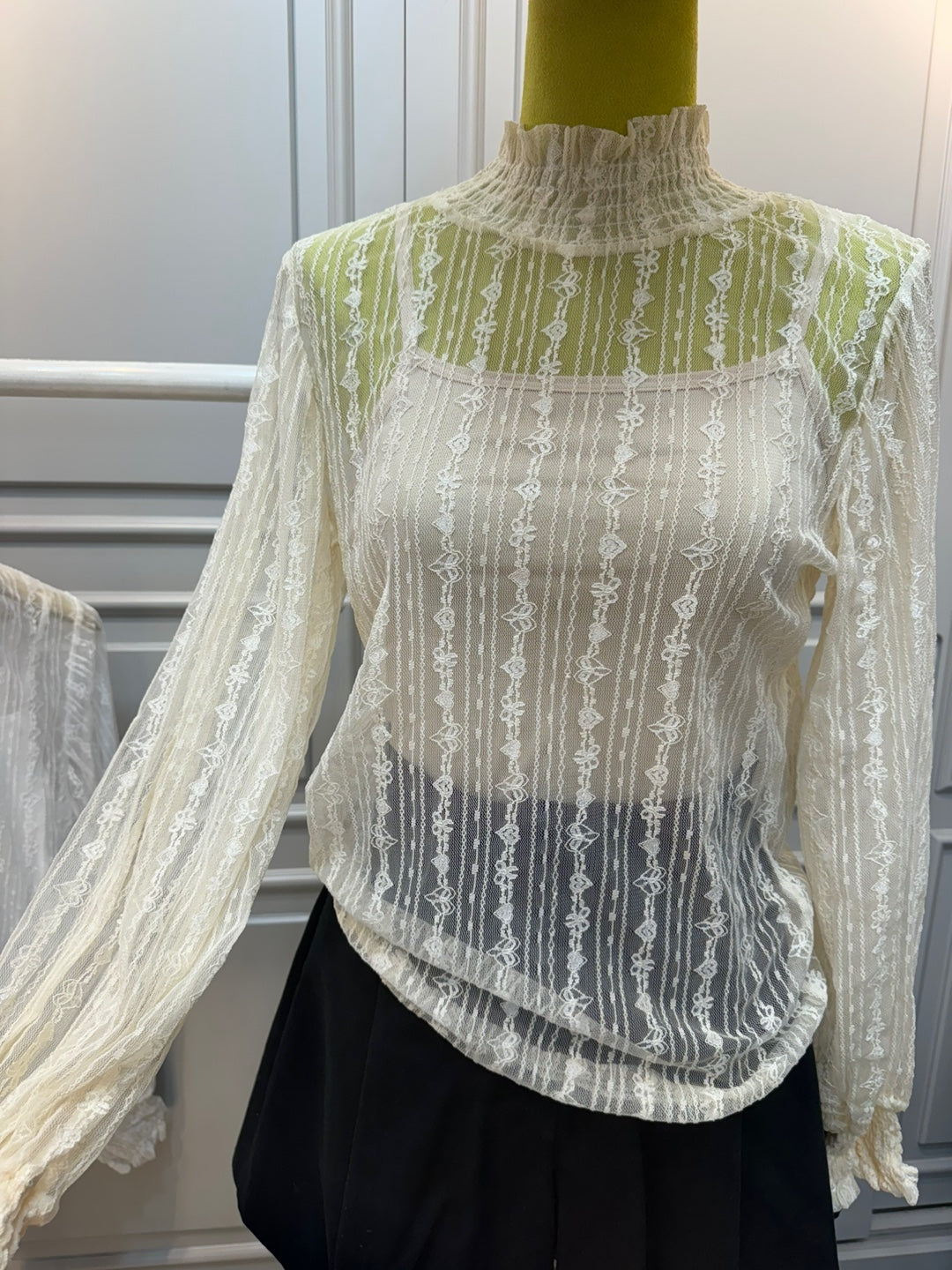 See through ruffle frill neck and sleeve heart lace blouse