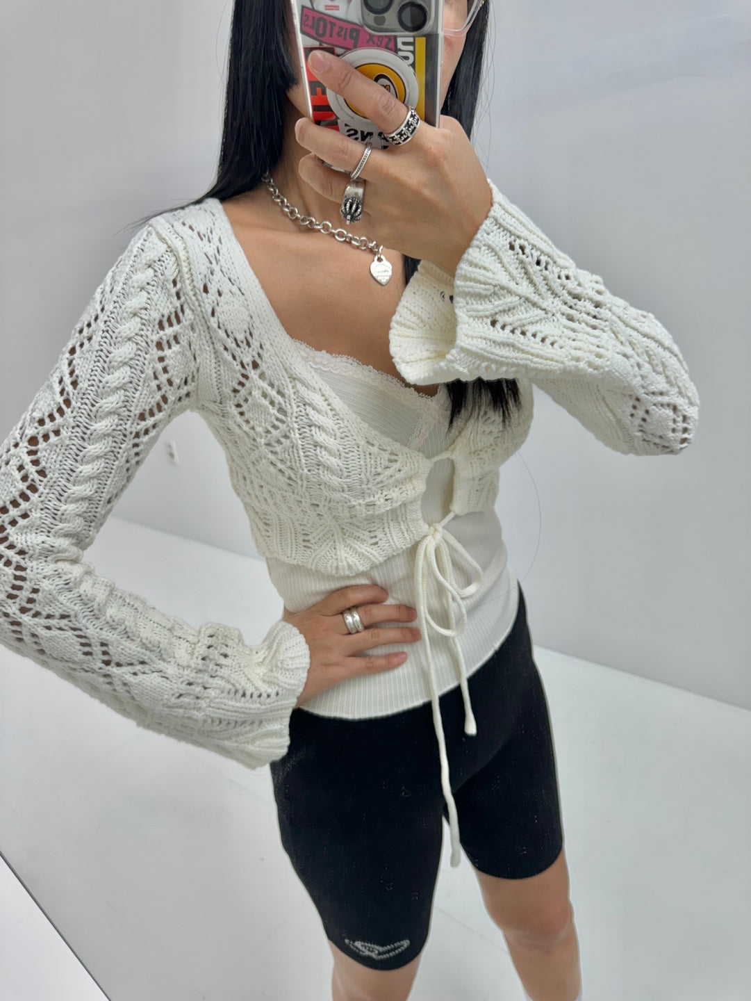 Knotted tie front long sleeve short knit