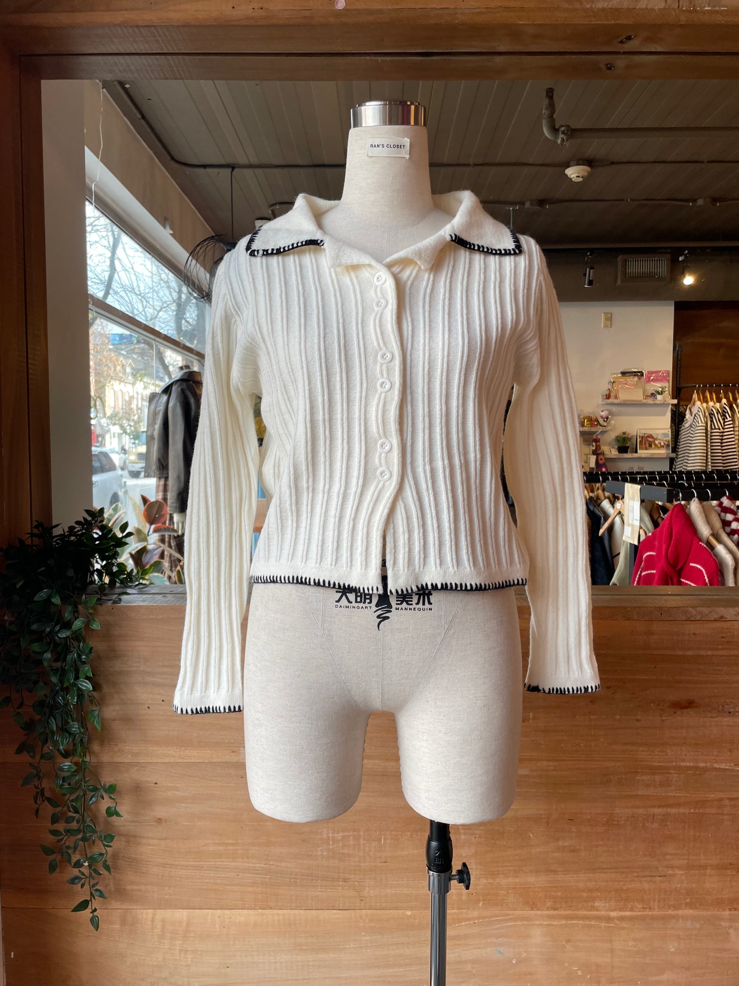 Ribbed Long Sleeve Cardigan with Stitch Trim