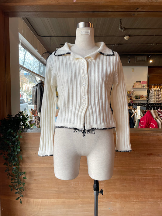 Ribbed Long Sleeve Cardigan with Stitch Trim