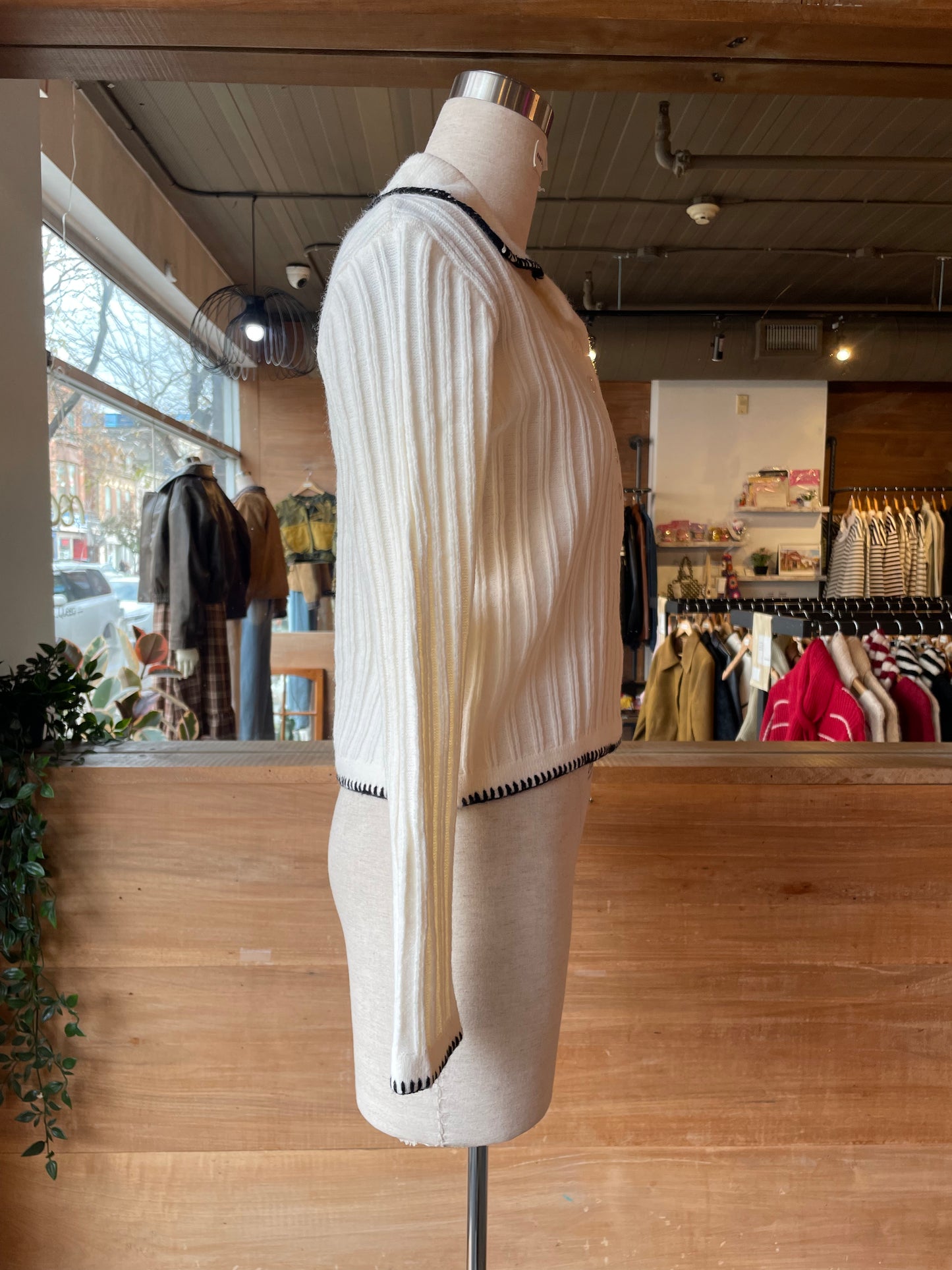 Ribbed Long Sleeve Cardigan with Stitch Trim