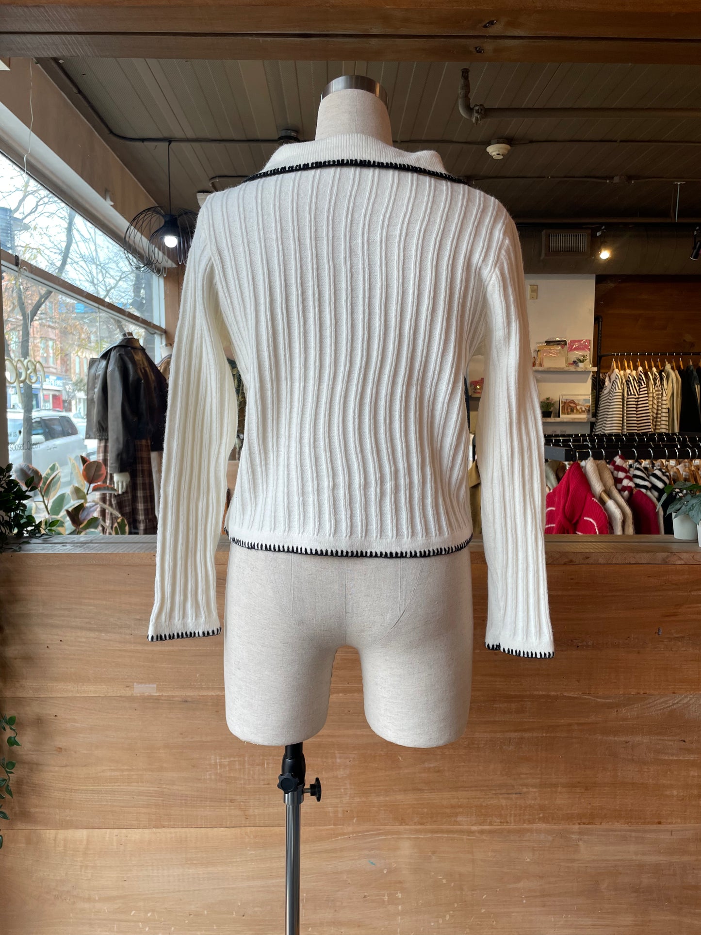 Ribbed Long Sleeve Cardigan with Stitch Trim