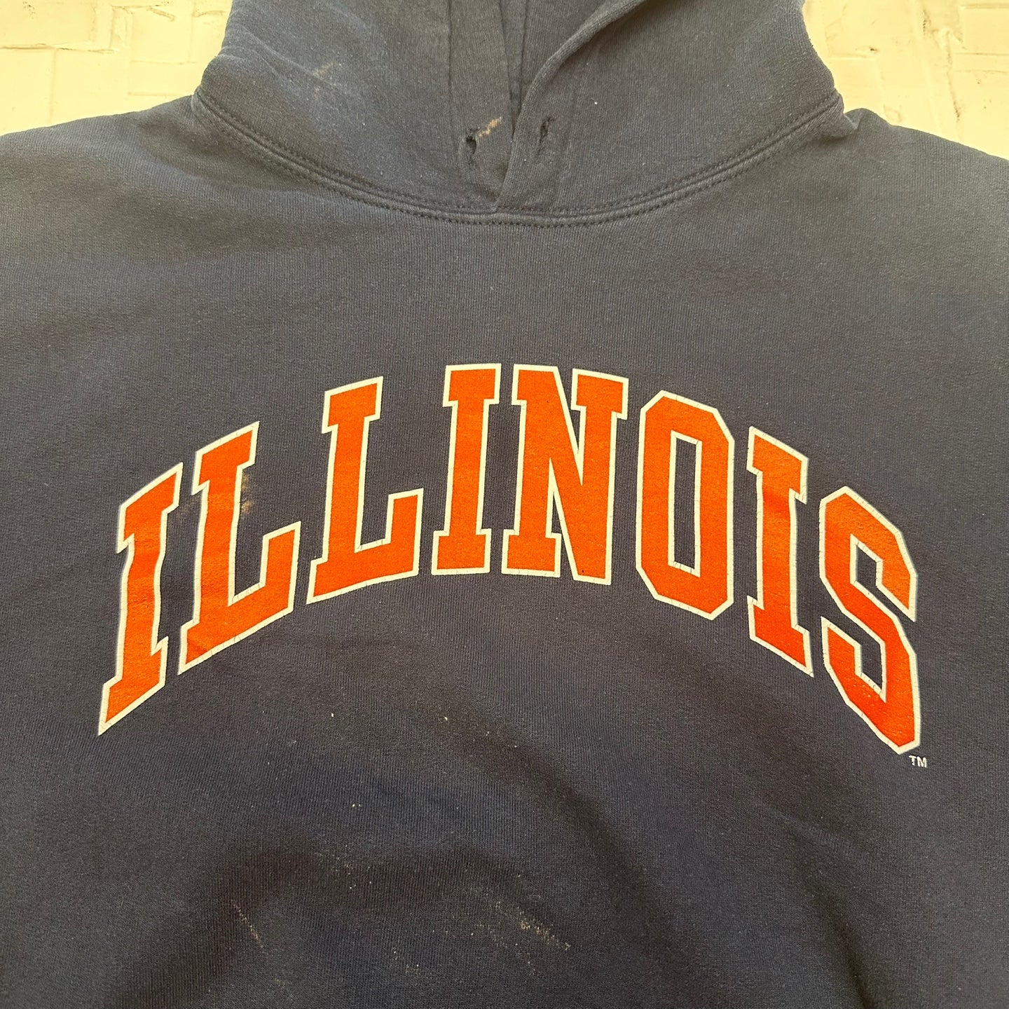 Vintage Illinois Orange Spell Out Navy Hooded Sweatshirt