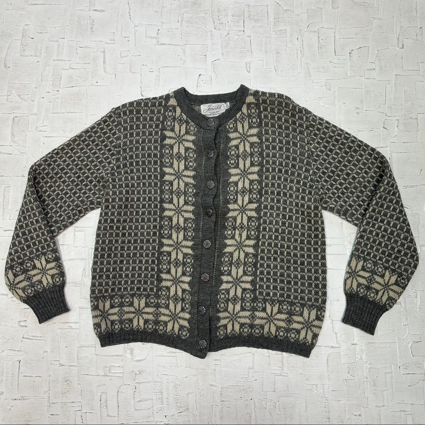 Vintage Jersild Virgin Wool Grey Button Up Patterned Cardigan