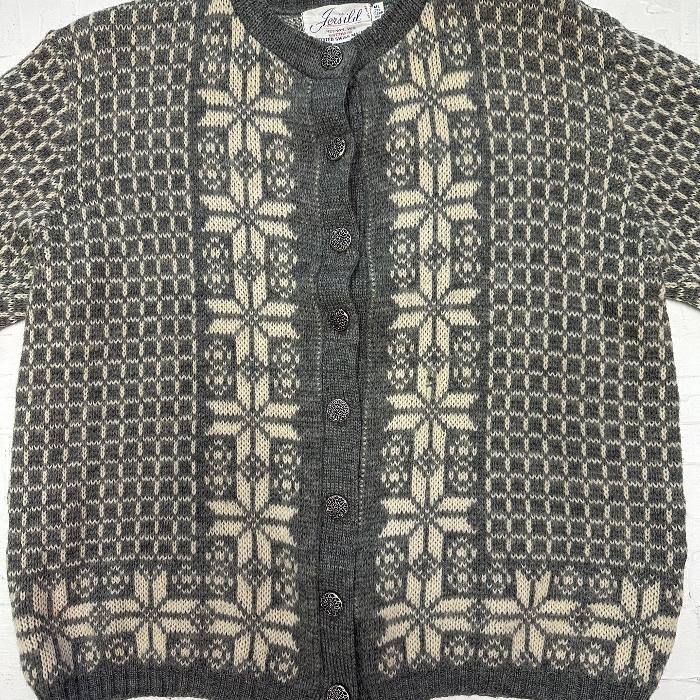 Vintage Jersild Virgin Wool Grey Button Up Patterned Cardigan