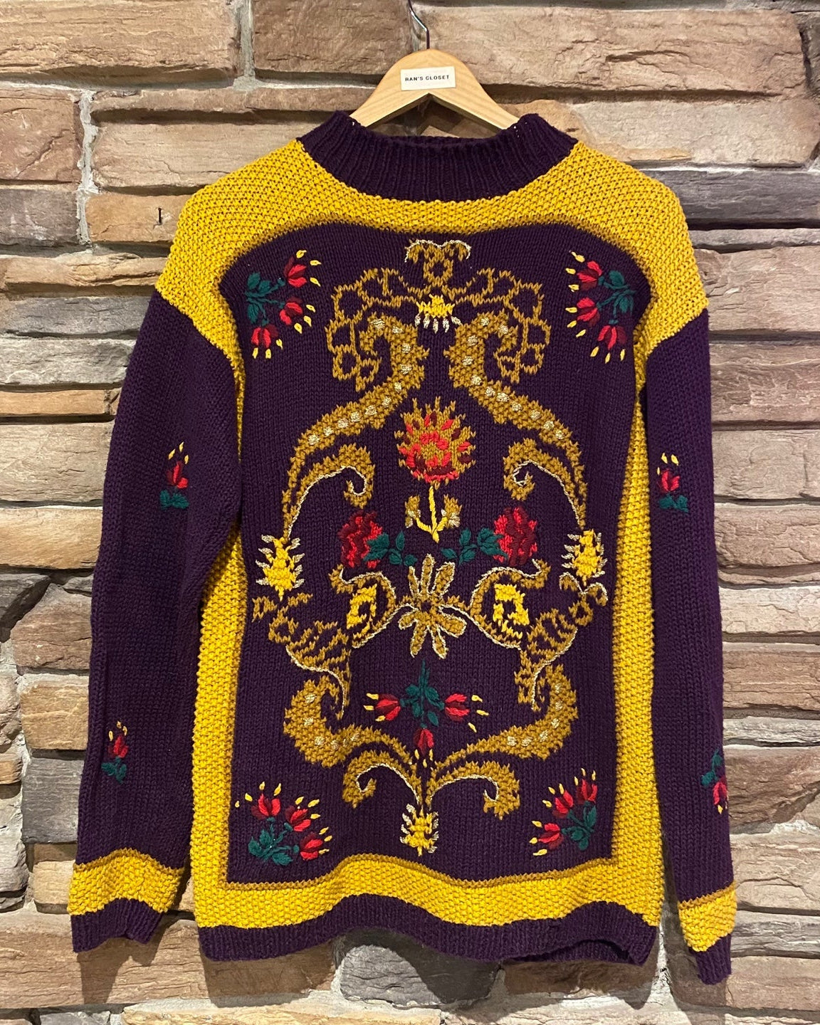 Vintage Knit Purple and Yellow Sweater with Ornate Flower Design