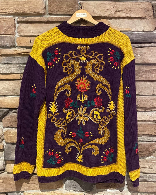 Vintage Knit Purple and Yellow Sweater with Ornate Flower Design