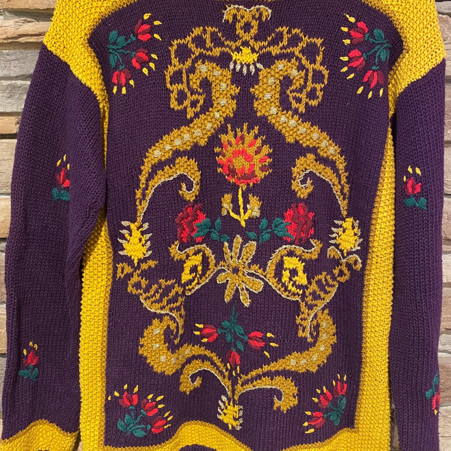 Vintage Knit Purple and Yellow Sweater with Ornate Flower Design