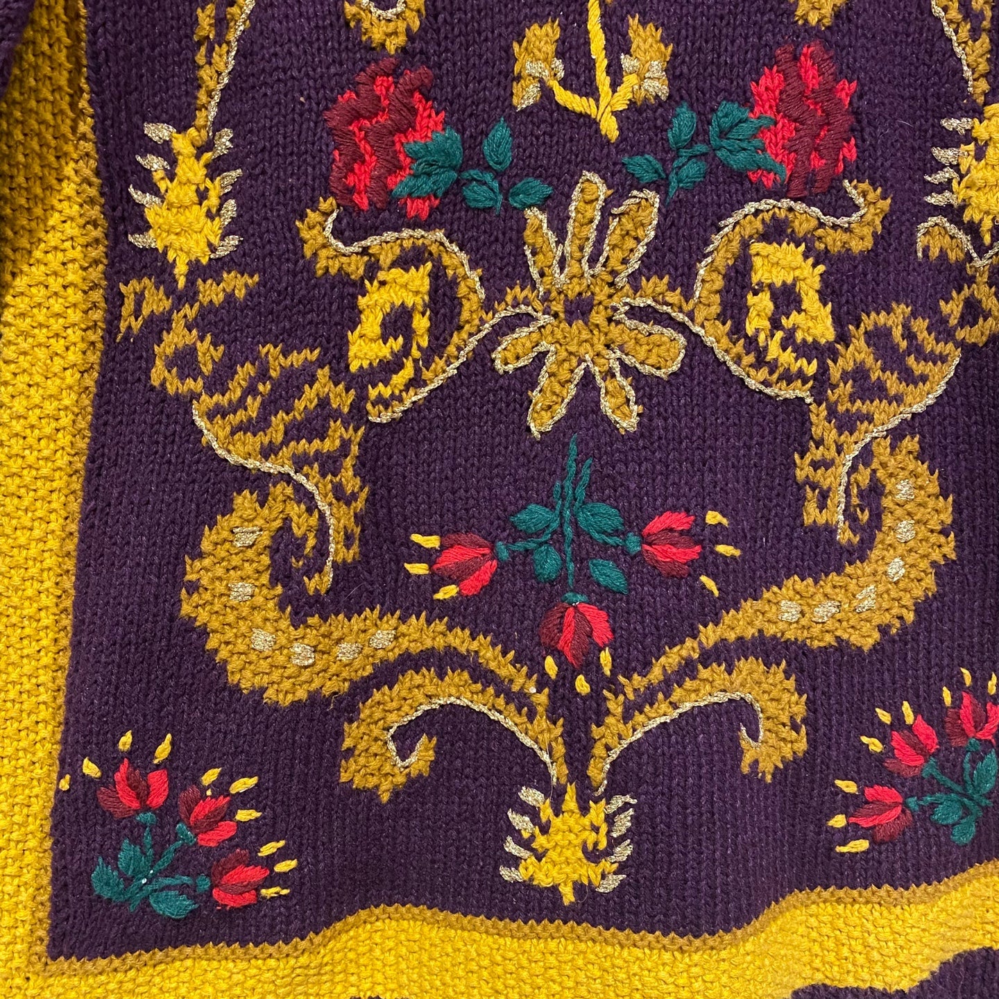 Vintage Knit Purple and Yellow Sweater with Ornate Flower Design
