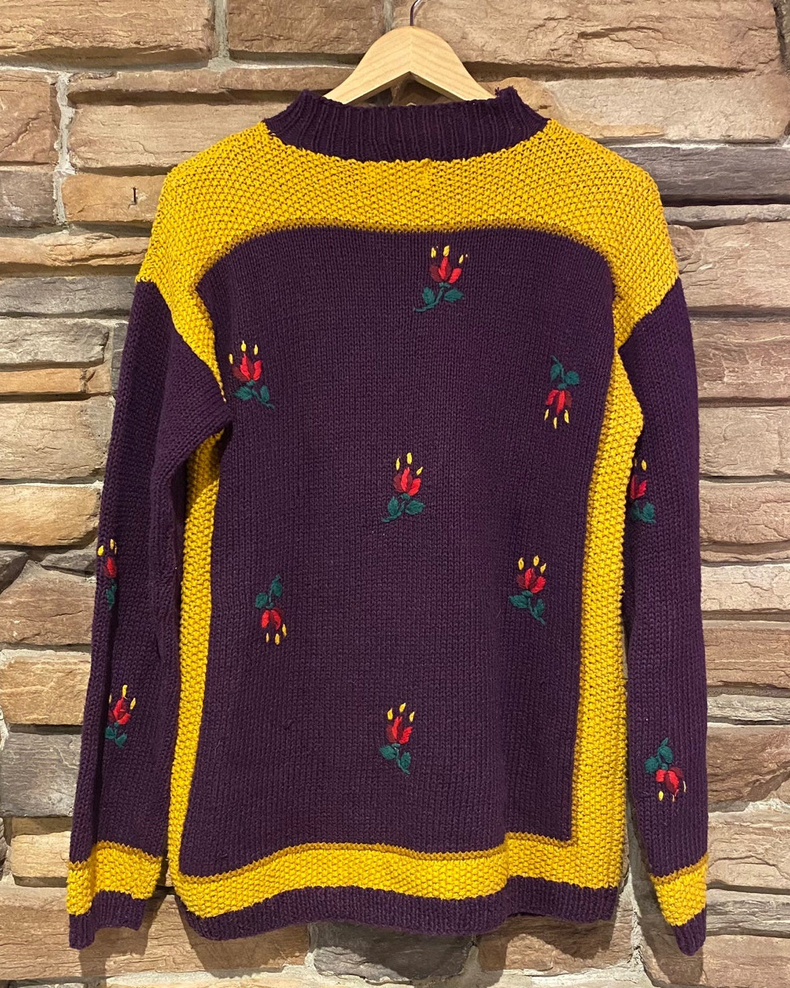Vintage Knit Purple and Yellow Sweater with Ornate Flower Design