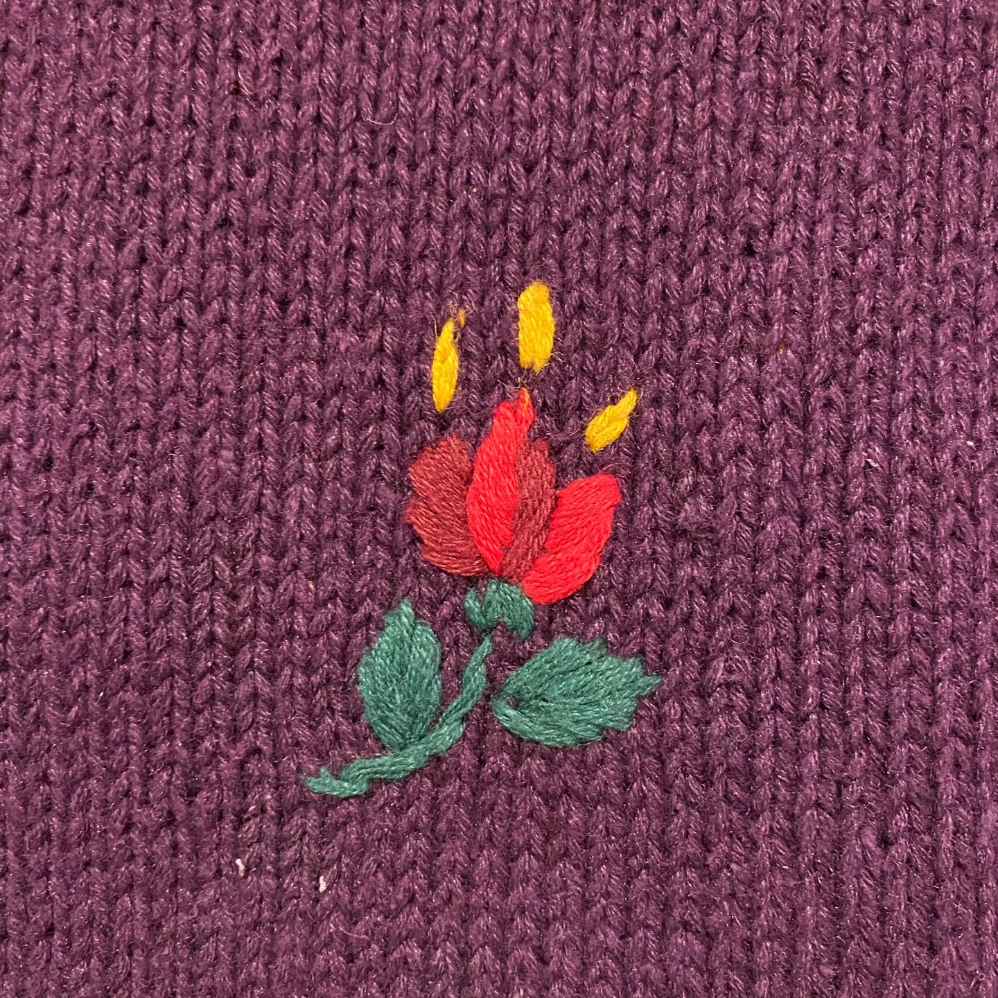 Vintage Knit Purple and Yellow Sweater with Ornate Flower Design