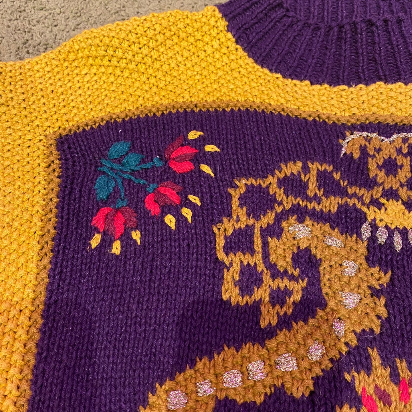 Vintage Knit Purple and Yellow Sweater with Ornate Flower Design