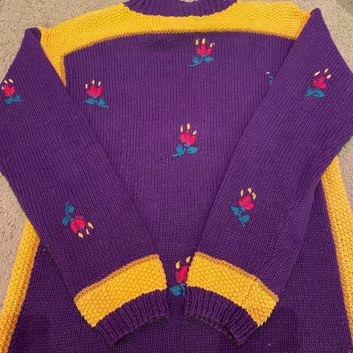 Vintage Knit Purple and Yellow Sweater with Ornate Flower Design