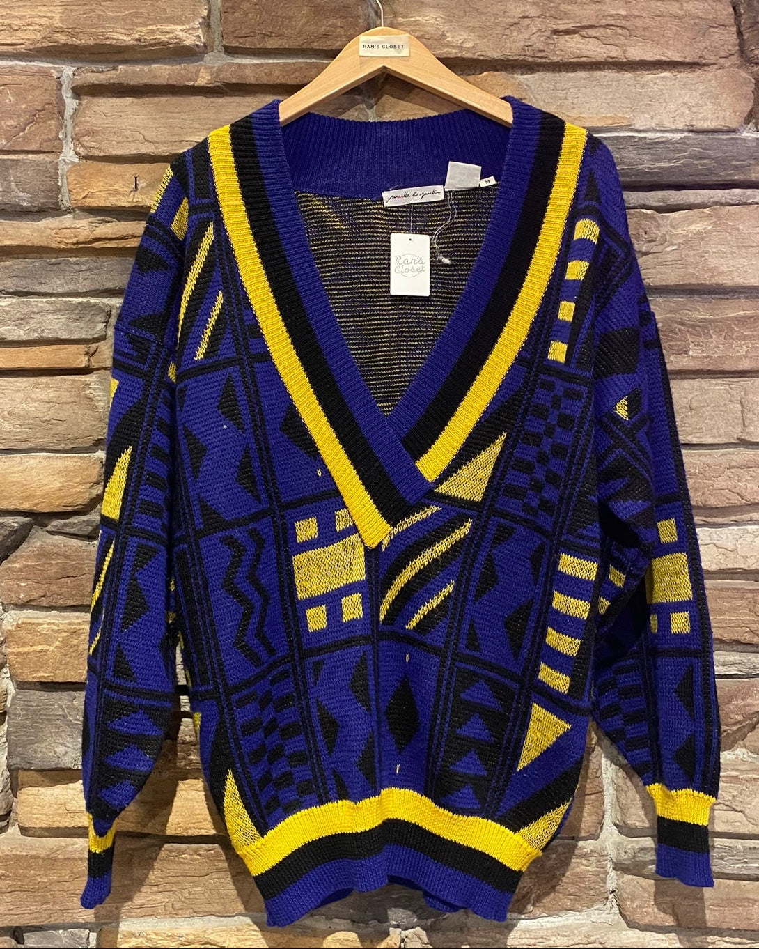 Vintage Blocky Blue and Yellow Knit Pullover Sweater