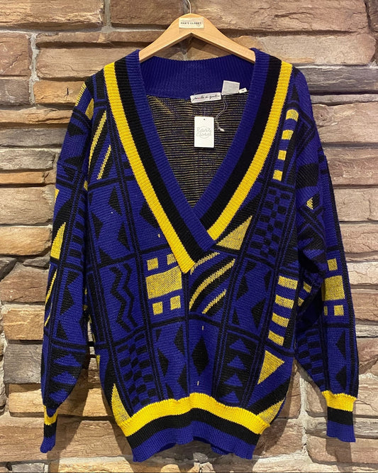 Vintage Blocky Blue and Yellow Knit Pullover Sweater