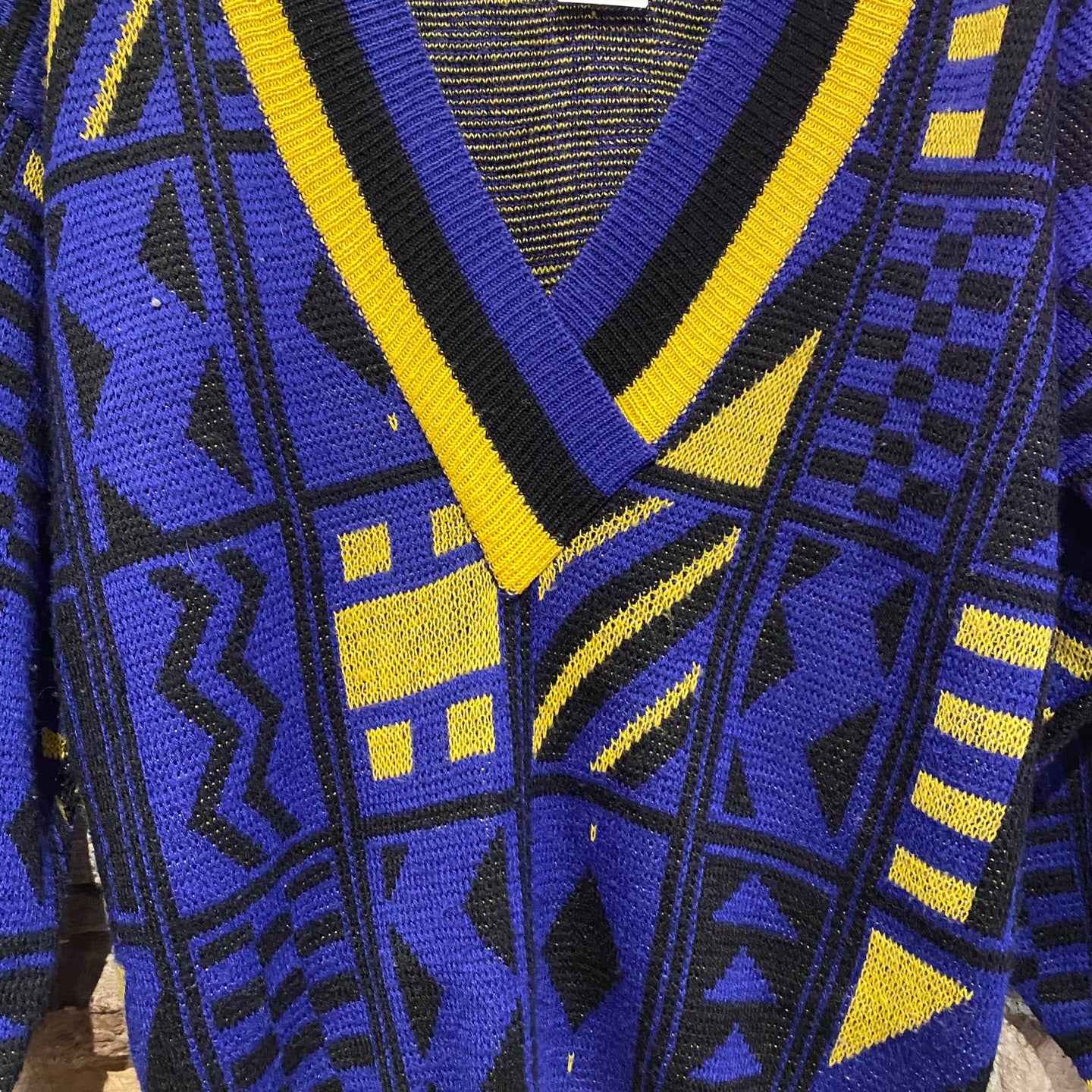Vintage Blocky Blue and Yellow Knit Pullover Sweater
