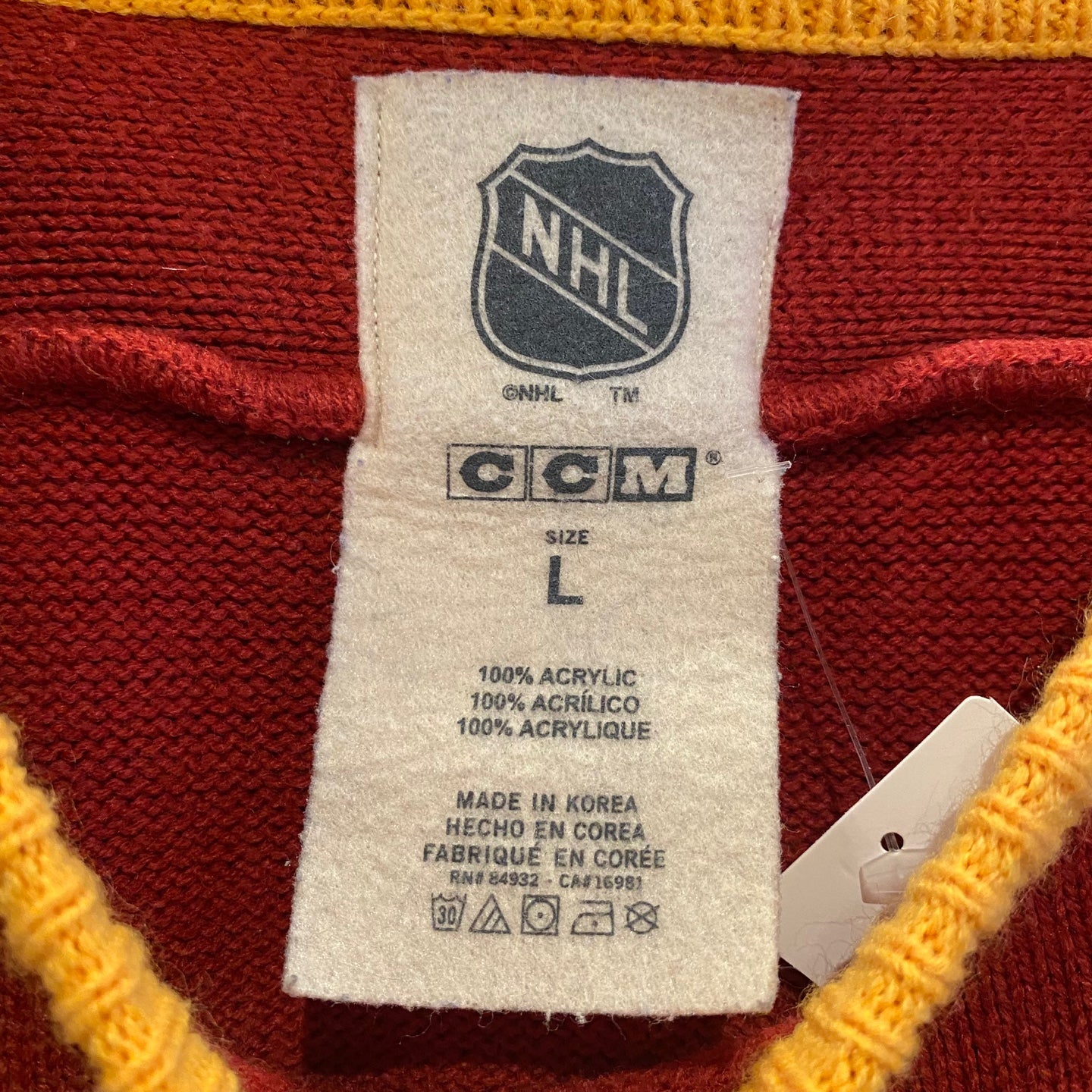 2011 Heritage Classic Calgary Flames Striped Knit Jersey Sweater | Vintage Sweater | Vintage Jersey | Red & Yellow Flames Sweater | NPQ-2104