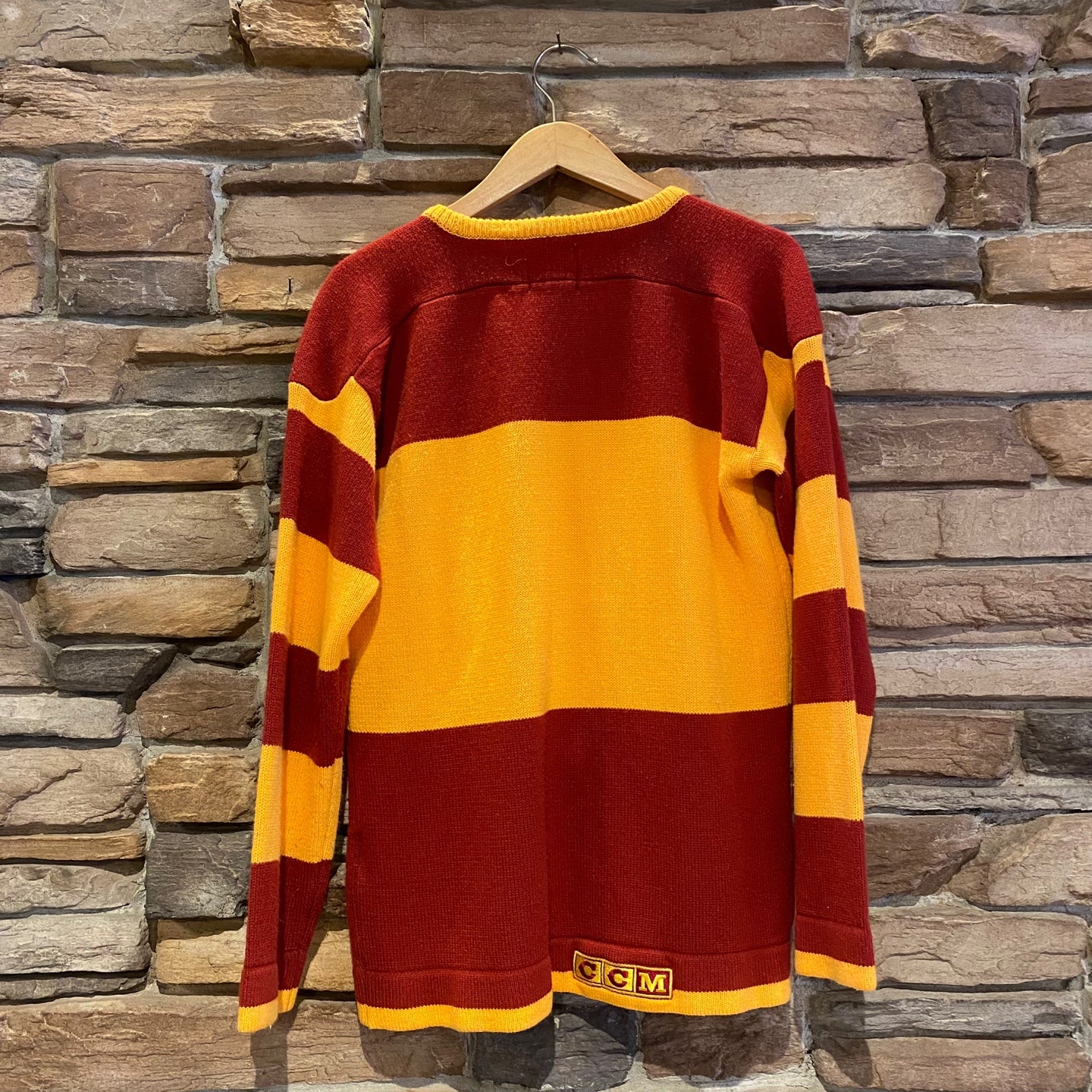 2011 Heritage Classic Calgary Flames Striped Knit Jersey Sweater | Vintage Sweater | Vintage Jersey | Red & Yellow Flames Sweater | NPQ-2104