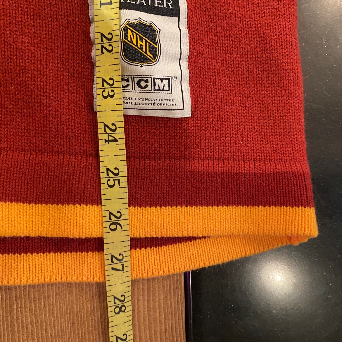 2011 Heritage Classic Calgary Flames Striped Knit Jersey Sweater | Vintage Sweater | Vintage Jersey | Red & Yellow Flames Sweater | NPQ-2104