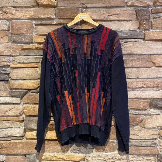 Vintage Tosani 3D Ridge Knit Mockneck Sweater | Vintage Sweater | Tosani | Made in Canada | Black with Purple and Orange Sweater | NPQ-2106